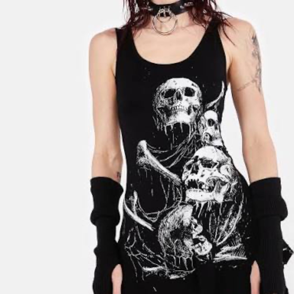 Jawbreaker Skull Mesh Back Handkerchief Hem Pile of Bones Goth Tank Top